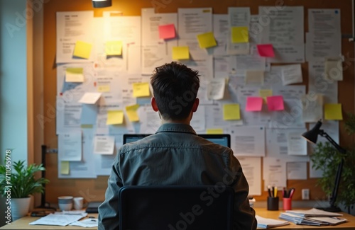 Person works at desk facing computer. Papers and notes on wall behind, analyzing data. Startup owner doing strategy. Modern office workspace. Planning and brainstorming new business ideas.