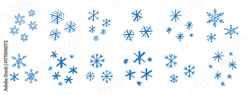 chalk pencil drawing blue snowflakes set. Snowflake doodle hand drawn cute style elements. Winter or Christmas concept.