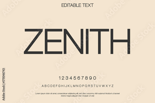 Elegant modern font zenith with numbers and alphabet on a soft beige background