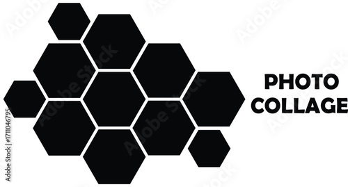 Black hexagon photo collage template. Honeycomb layout design element, blank frames for photo collection, overlay, montage, clipping, layer mask. Vector illustration.