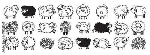 Doodle hand drawn funny cute sheep outline set. Drawing sheep