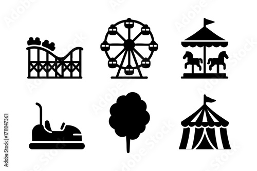 Amusement park icons: roller coaster, Ferris wheel, carousel, bumper car, cotton candy, circus tent. Black silhouette style.