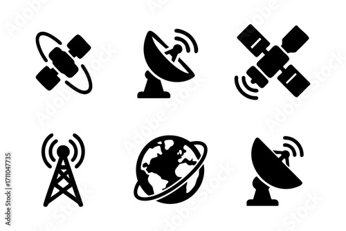 Satellite and communication icons in black silhouette style: satellites, antennas, globe, earth orbit, radio waves, and signal dishes.