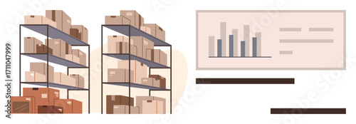 Stacked warehouse shelves with cardboard boxes beside a data analysis chart with bar graph. Ideal for storage, logistics, supply chain, inventory, data analysis, organization, retail. Simple flat