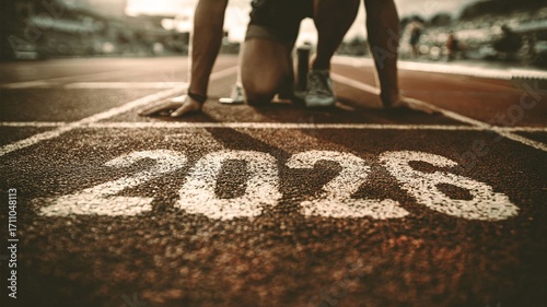 Realistic dawn photograph of an athletics track with a runner in starting position on the blocks and the number 2026 boldly painted on the lane, dramatic lighting and sharp details.