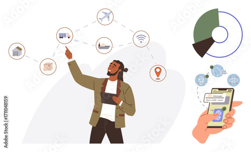 Man presenting IoT network nodes with connectivity icons, graphs, and mobile transaction on smartphone. Ideal for technology, data, IoT, business, connectivity fintech communication. Simple flat