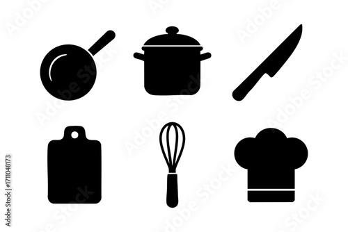 Cooking icons in black silhouette style: frying pan, cooking pot, kitchen knife, cutting board, whisk, and chef hat.
