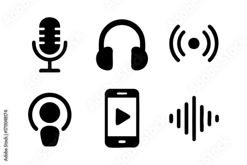 Audio icons in black silhouette style: microphone, headphones, signal, podcast person, smartphone with play button, and sound wave.