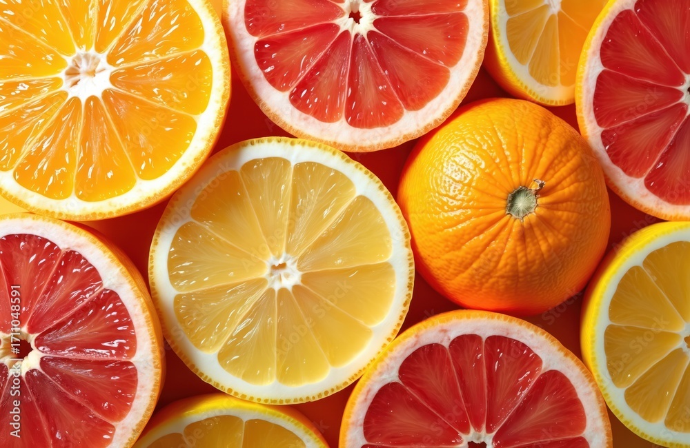 Fototapeta premium Bright, juicy citrus fruit slices, whole orange fill frame. Colorful lemons, oranges, red grapefruits show vibrant textures. Healthy organic food arranged close-up. Fresh, sweet, vitamin rich snack