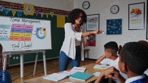 Female english language teacher in time management concept 