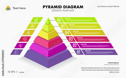 Pyramid infographic template 6 steps modern 3d style for presentation, start up project, business strategy, theory basic operation, logic analysis vector 10 eps