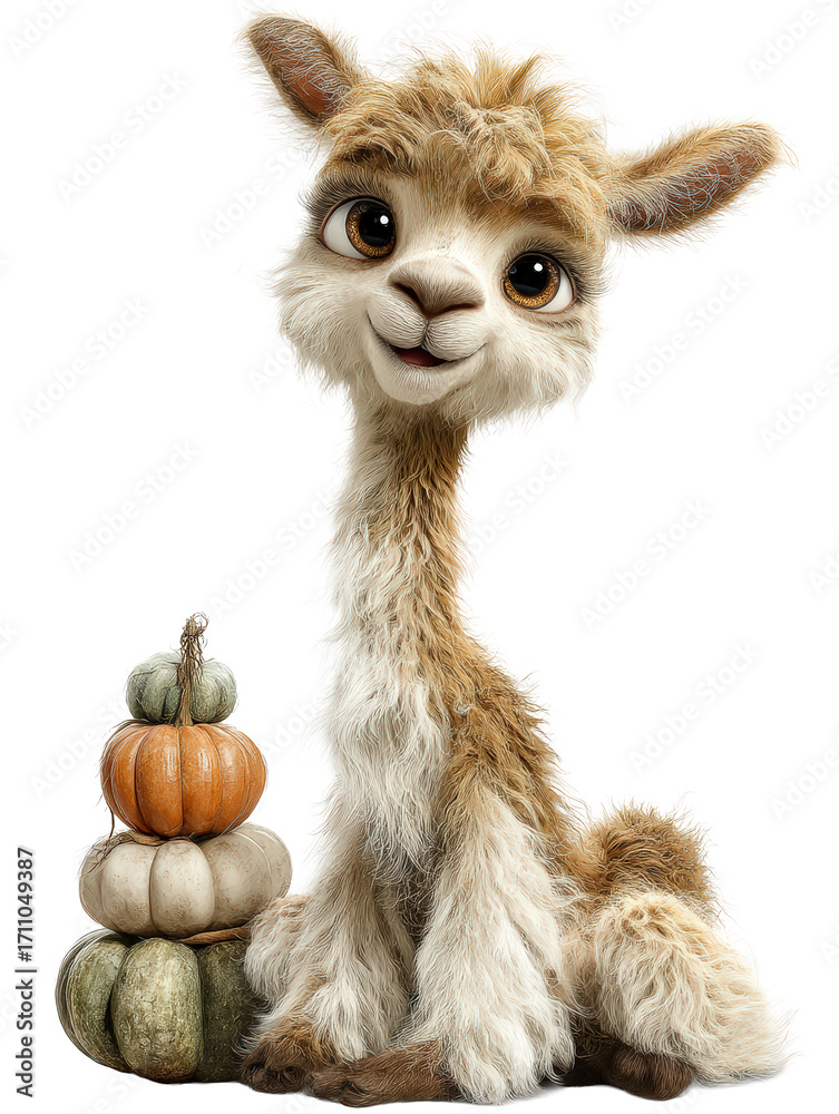 Obraz premium Hallowen cute fluffy baby llama with pumpkins, sitting and smiling, isolated on transparent background