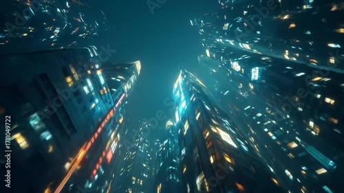 A futuristic cityscape at night, showcasing towering structures with vibrant neon lights and moving vehicles.