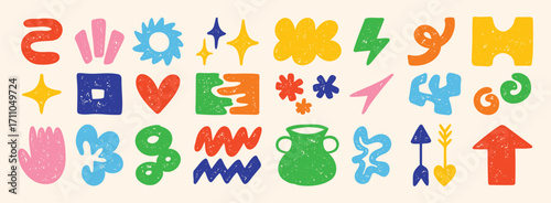 Cute abstract doodle shapes. Set of various modern kids hand drawn stars, hearts, clouds, flowers stickers. Retro comic figure