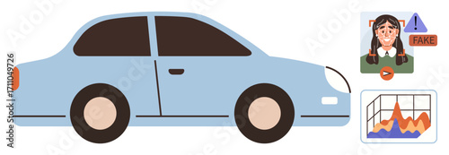 Blue car alongside fake content warning with person, social media analytics graph, and play button. Ideal for automotive technology, misinformation, data analysis, AI ethics, marketing trends