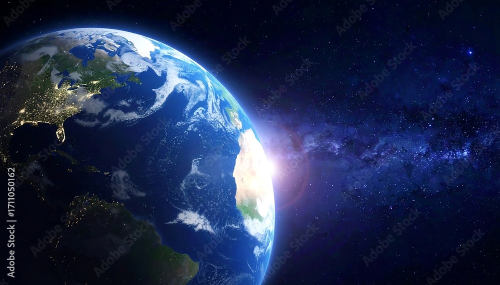 Fototapeta premium A vibrant depiction of Earth from space, showcasing continents, oceans, and the radiant glow of the sun's rising over the horizon