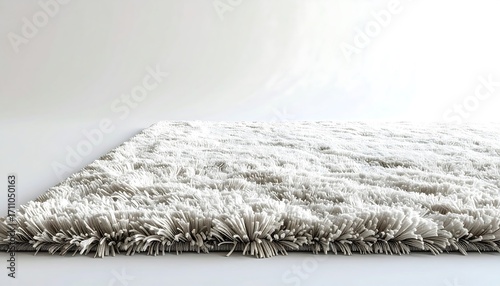 A plush, textured area rug in a light gray tone is displayed against a bright, neutral backdrop.