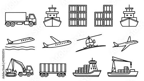 Thin outline vector icons of delivery trucks, cargo ships, airplanes, helicopters, forklifts, and containers, organized neatly in rows and columns, minimal black lines on white.
