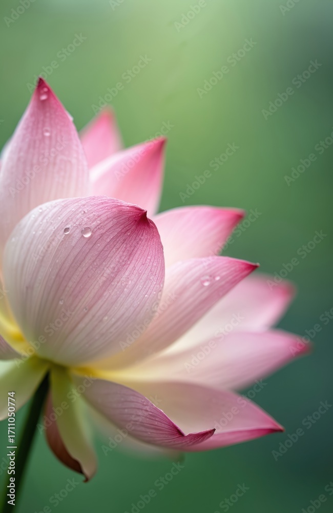 Fototapeta premium Pink lotus flower petals show water drops. Beautiful plant blooms in nature. Delicate shape, pure colors create serene look. Soft green background enhances natural beauty, peaceful vibe, perfect for