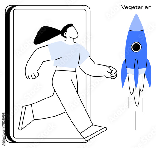 Woman stepping out of digital frame, blue rocket launching nearby. Ideal for freedom, creativity, technology, progress, innovation, digital transformation exploration. Simple flat metaphor