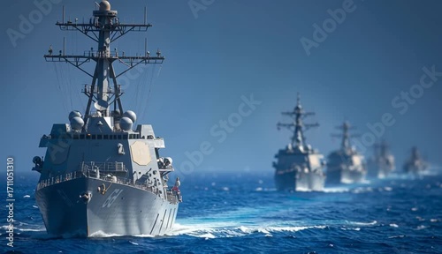 Wallpaper Mural powerful navy carrier strike group, military ships navigating the Pacific Ocean, digital concept art, dynamic waves Torontodigital.ca