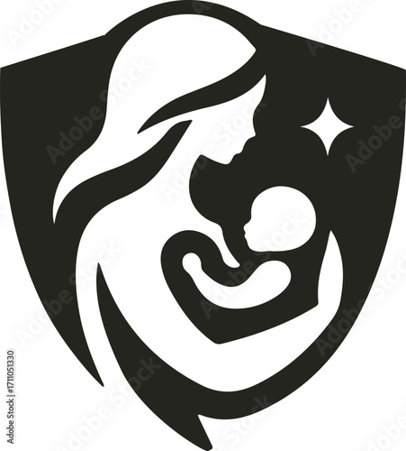 A heartwarming vector logo showing a mother gently holding her baby, symbolizing love, care, and maternal bond with soft curves and minimal design.