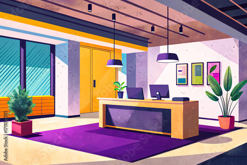 modern office lobby vector interior featuring concrete walls and flooring, with a sleek reception desk and computers, perfect for architectural projects, workplace concepts, creative artwork