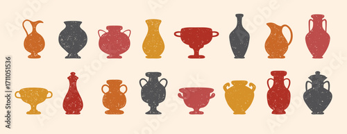 Textured ceramics vase silhouette set. Ancient amphora, greek antiques vases. Different old pottery and vessels, clay pitchers, jug. Creative decor flat vases shapes 