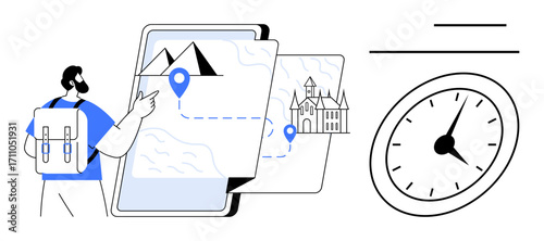 Backpacker navigating digital maps with locations marked on screen beside a clock. Ideal for travel, navigation, planning, exploration, tourism, scheduling, time management. Simple flat metaphor