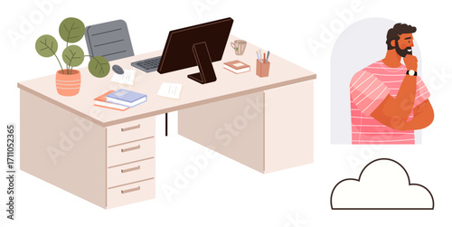 Workspace setup with desk, computer, books, and potted plant next to a thoughtful man and cloud. Ideal for creativity, brainstorming, ideas, remote work productivity planning innovation. Simple