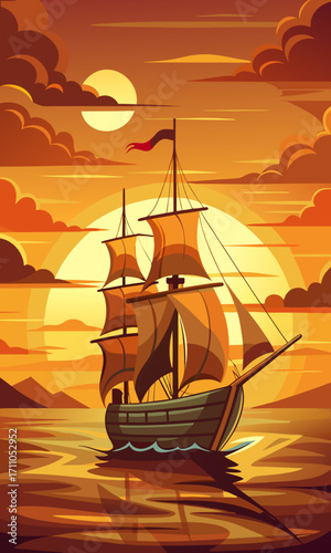 sailing ship on sunset