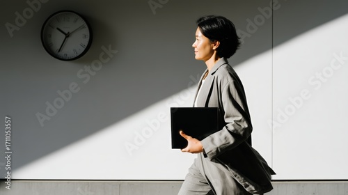 Asian woman walking with a portfolio in an office corridor. Business professional on time management in a corporate building environment.