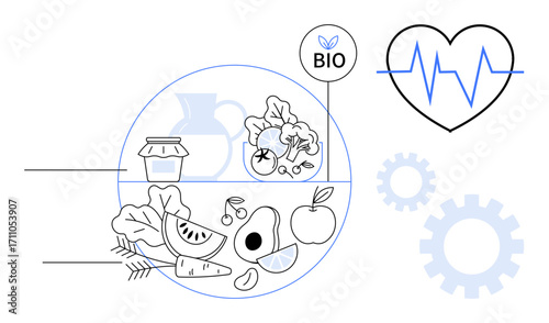 Organic food thumbs up fruits, vegetables, and grains, bio label, heartbeat line, and gear icons symbolizing health, wellness, and sustainable habits. Ideal for fitness nutrition eco-living