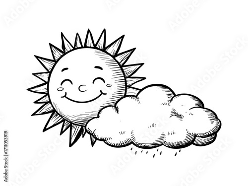 Cartoon coloring page illustration of a smiling sun and fluffy cloud, black outline, white background1