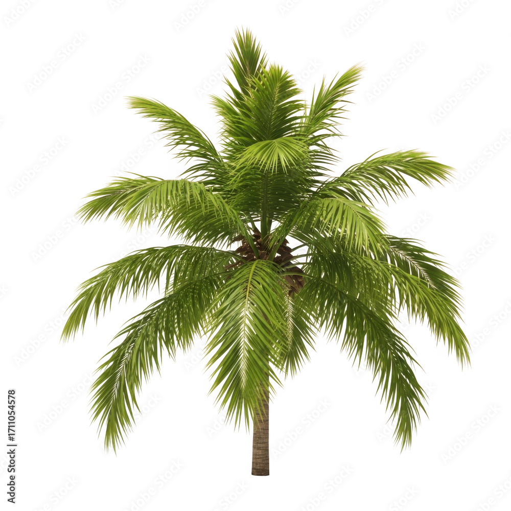 Fototapeta premium Lush green palm tree with detailed fronds isolated on black for tropical and exotic scenes