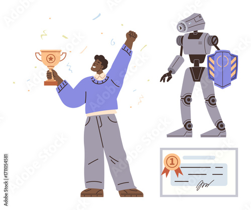 Man raising trophy in triumph with a robot holding a shield nearby and an award certificate. Ideal for teamwork, achievement, innovation, technology, success, competition, motivation. Simple flat