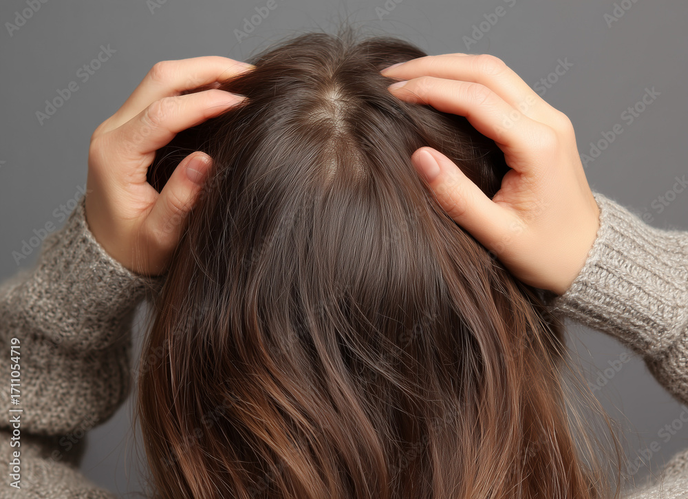 Fototapeta premium Woman with long hair holding her scalp and experiencing discomfort in a neutral setting during daylight Generative AI