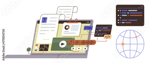 Laptop screen displaying files, code snippets, media players, and graphs alongside a globe. Ideal for web design, coding, content creation, technology programming education digital innovation. A