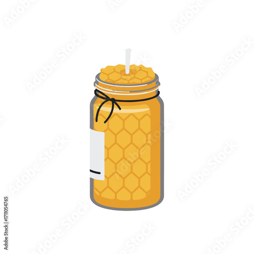 Honey jar with honeycomb and blank label on transparent background  