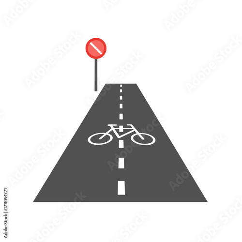 Road with bicycle lane and no entry sign on transparent background  