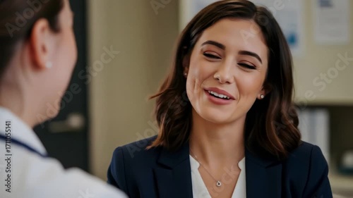 Smiling professional woman conversing with colleague in bright modern office