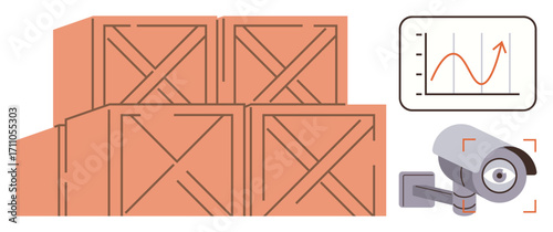 Stacked wooden crates with security camera and chart showing growth curve. Ideal for supply chain, logistics, storage, inventory management, safety, surveillance, simple flat metaphor