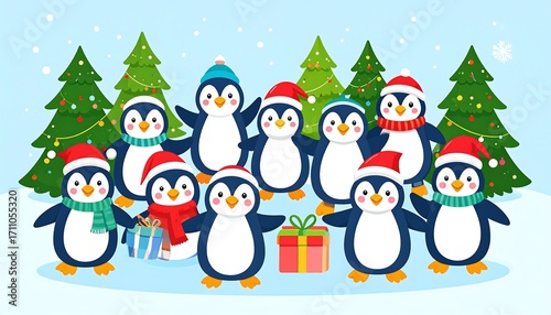 A group of cheerful penguins in festive attire stand amongst decorated Christmas trees, holding presents, showcasing a joyful winter scene.