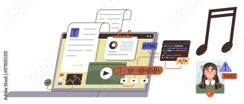 Laptop displaying text, charts, HTML, code, audio, and deepfake warning next to music icons. Ideal for digital content, programming, web development multimedia AI ethics tech education simple