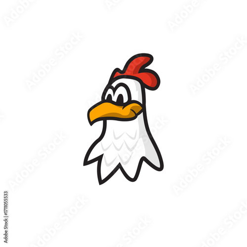 A cartoon illustration of a white chicken's head with a red comb and orange beak.