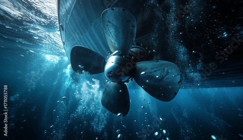 Propeller and rudder of big ship underway view from underwater