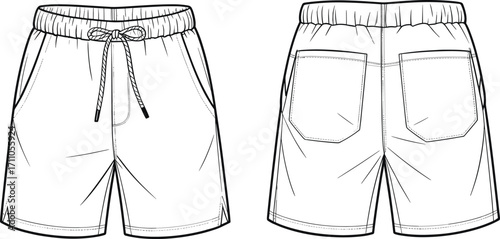 Fashion shorts vector template with drawstring waistband, front and back view design, casual men’s clothing mockup illustration for apparel branding