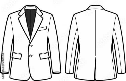 Men’s blazer jacket fashion sketch, front and back technical flat drawing for apparel design, tailoring, clothing production, and textile illustration