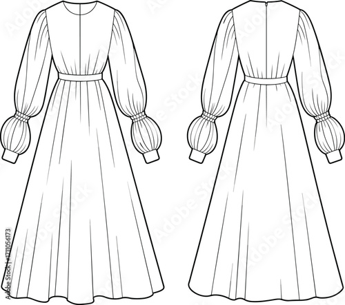 Technical fashion sketch, dress front and back view, puff sleeve, high neckline, A-line silhouette, garment template, vector illustration, couture