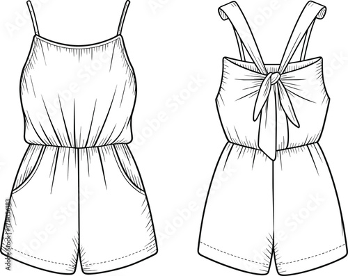 Stylish women's summer romper with spaghetti straps, front pockets, and back bow tie detail, casual jumpsuit fashion design illustration.